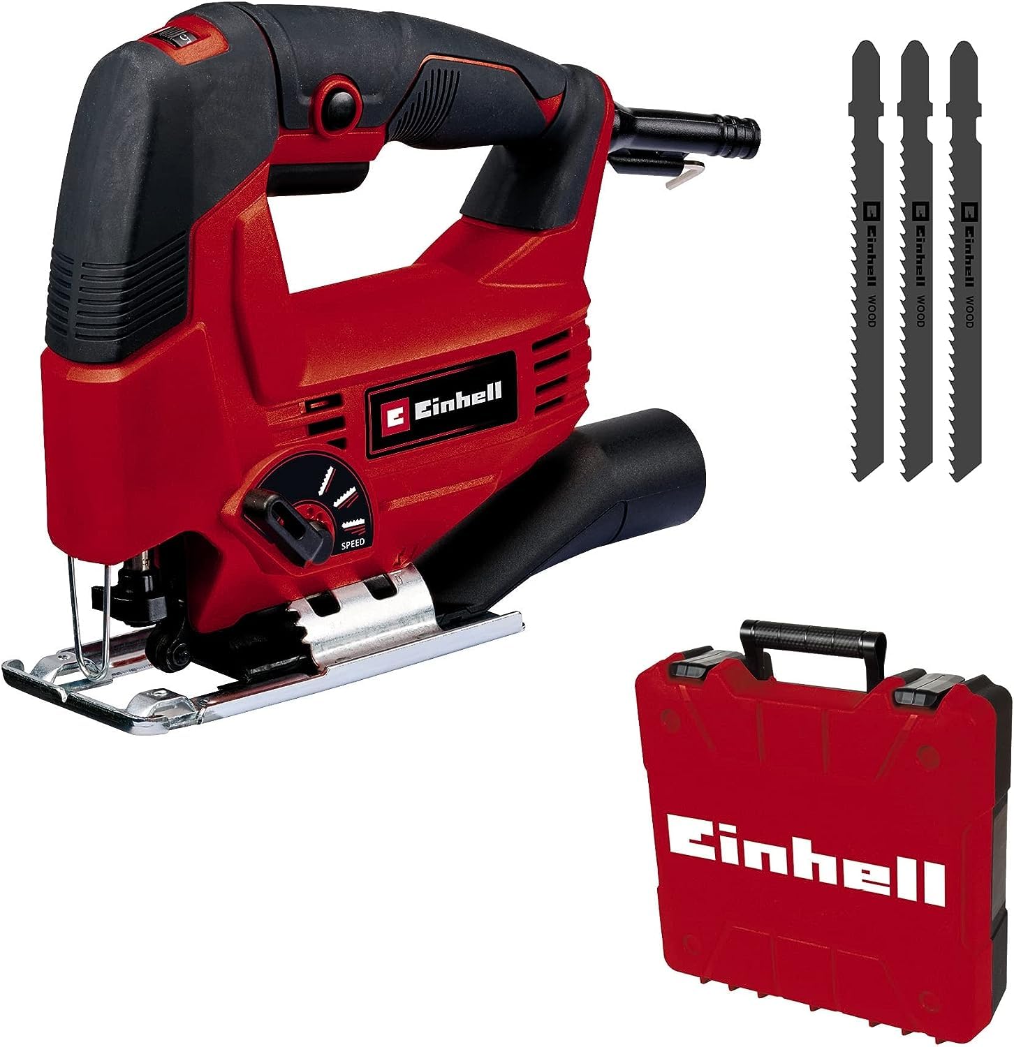 Einhell Jigsaw TC-JS 80/1 Kit (550 W, stroke height 20 mm, pendulum movement, cutting depth 80 mm in wood/10 mm in steel, speed 3,000 rpm, with 3 T-shank blades) - Image 1
