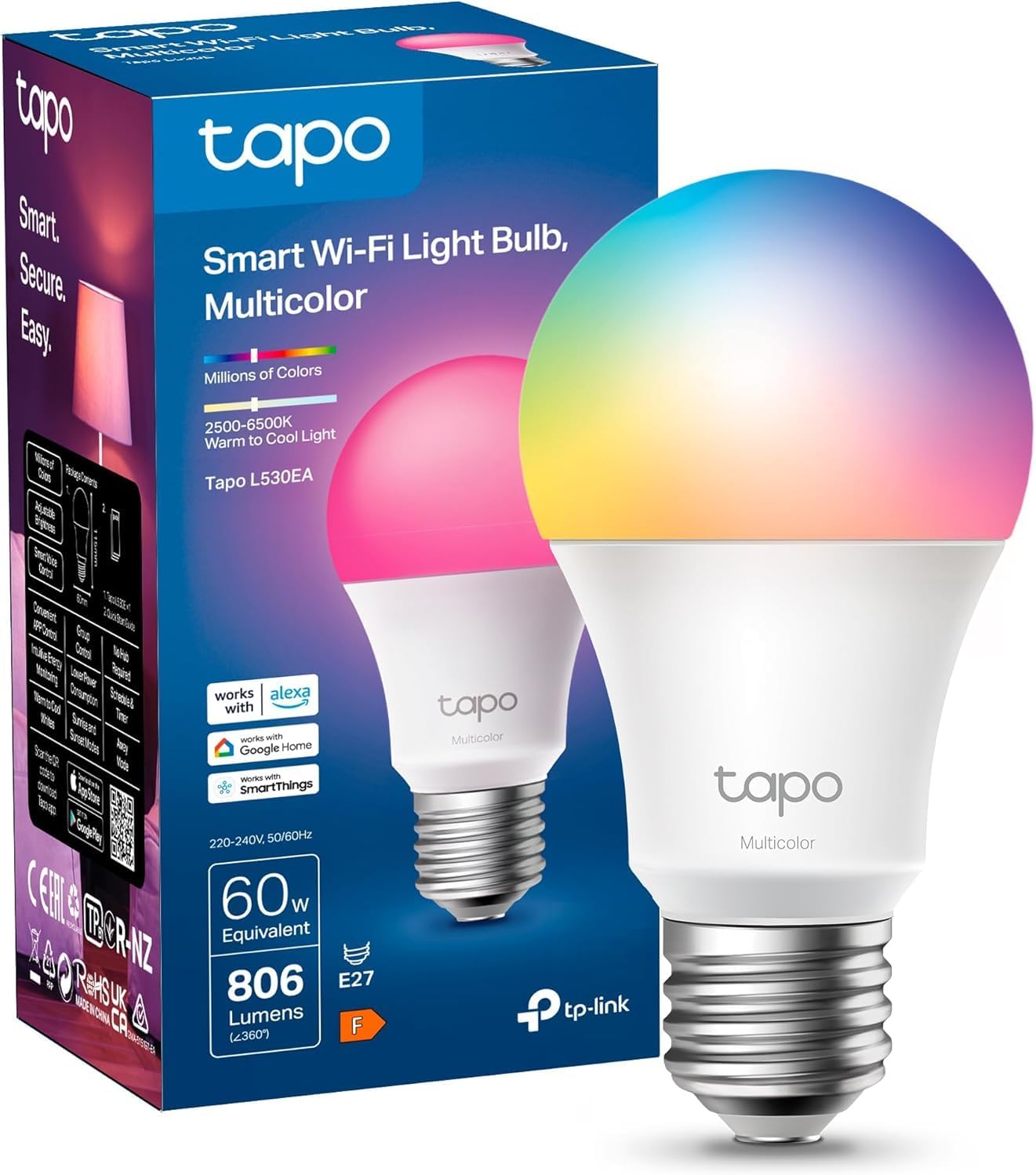 Tapo Ampoule Connectée WiFi, Ampoule LED E27 Multicolore 2500K-6500K, Dimmable 8.7 W 806Lm, Fonctionne avec Alexa, Commande Vocale, Economie d'énergie, Tapo L530EA - Image 1