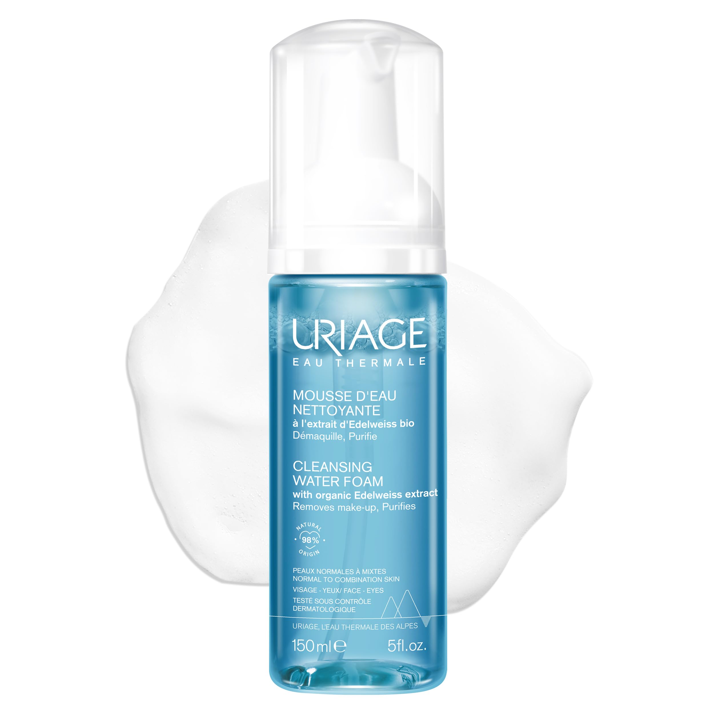 Uriage Edelweiss Organic Cleansing Water Foam - Ultra-Soft, Cleansing & Make-up Remover - Perfectly Removes Makeup, Leaves Skin Soft - Floral - Soap Free - Physiological pH - 150 ml - Image 1