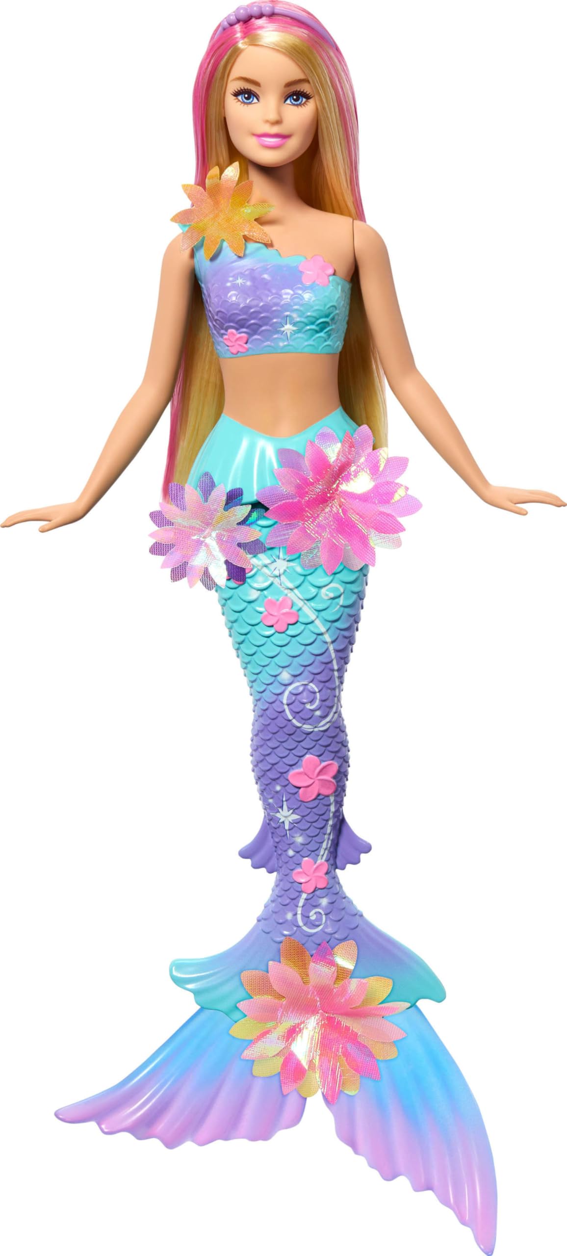 Barbie Barbie Mermaid Magic Flower Blonde Doll with Surprise Blooming Flowers, Gradient Tails, Beaded Headband and Long Blonde Hair with Pink Highlights - Image 1