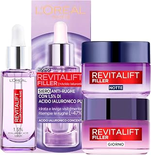 L'Oréal Paris Kit Revitalift Filler Sérum Anti-Rides Volumisant Hydratant de 30ml + Soin Anti-Âge Rehaussant de 50ml + Soin Nuit Visage Revolumisant avec Acide Hyaluronique de 50ml - Image 1