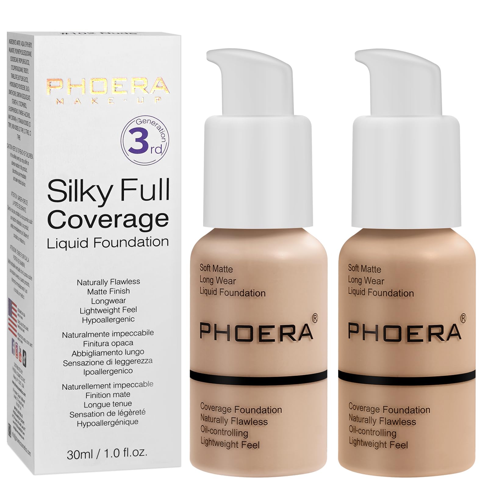 PHOERA Fond de Teint,PHOERA Foundation,imperméable Professional Makeup Fond de Teint Liquide Couvrant Tenue 24h - Matte & Poreless Finish (102+104/ Nude+Buff Beige) - Image 1