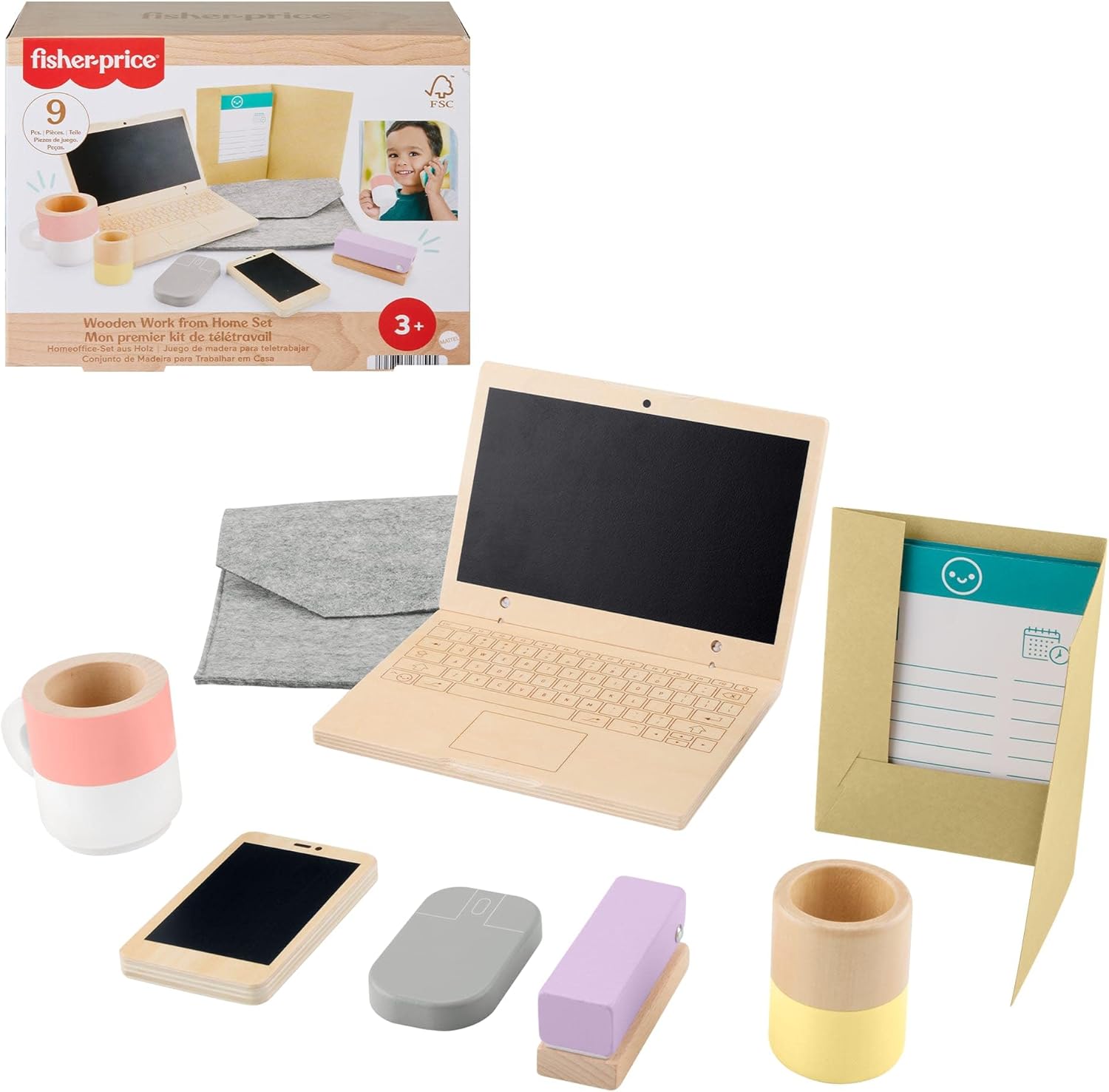 Fisher-Price HXV11 9 Piece Wooden Telework Set with Laptop and Wooden Phone for Imitation Play for Children from 3 Years Old - Image 1