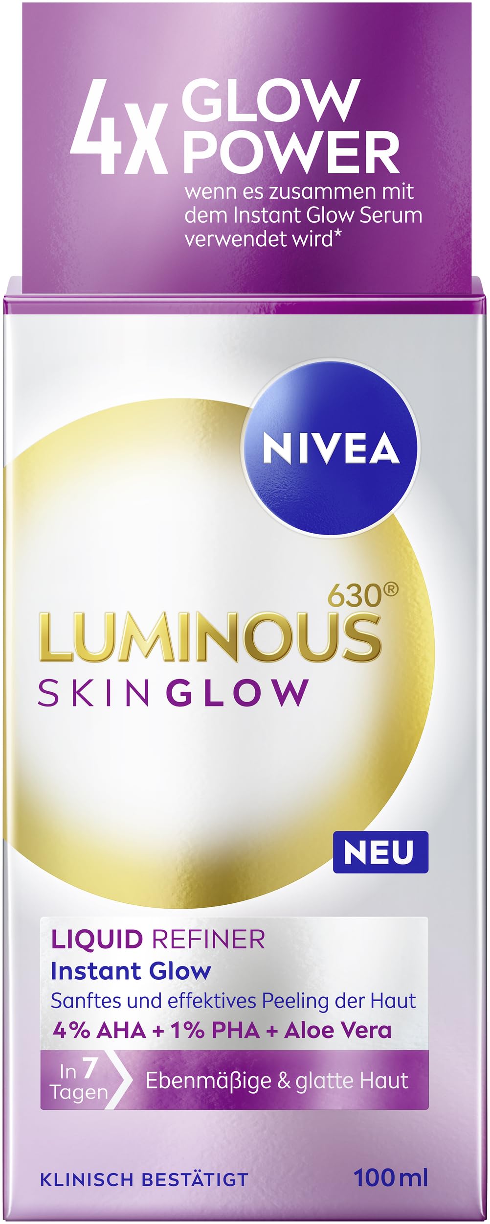 NIVEA LUMINOUS630 Skin Glow Liquid Refiner, Gentle and Effective AHA Exfoliator for Even and Smooth Skin, Pore-Firming Face Care with 4% AHA, 1% PHA and Aloe Vera (100ml) - Image 1