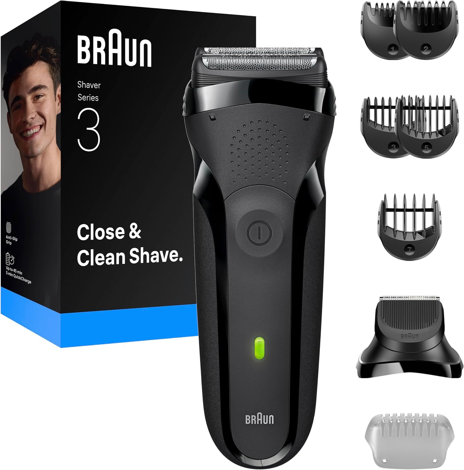 Braun Rasoir électrique série 3, 3 lames flexibles, accessoire tondeuse à barbe, + 5 peignes, rasoir sec pour homme, conçu en Allemagne, 300BT, gris - Image 1