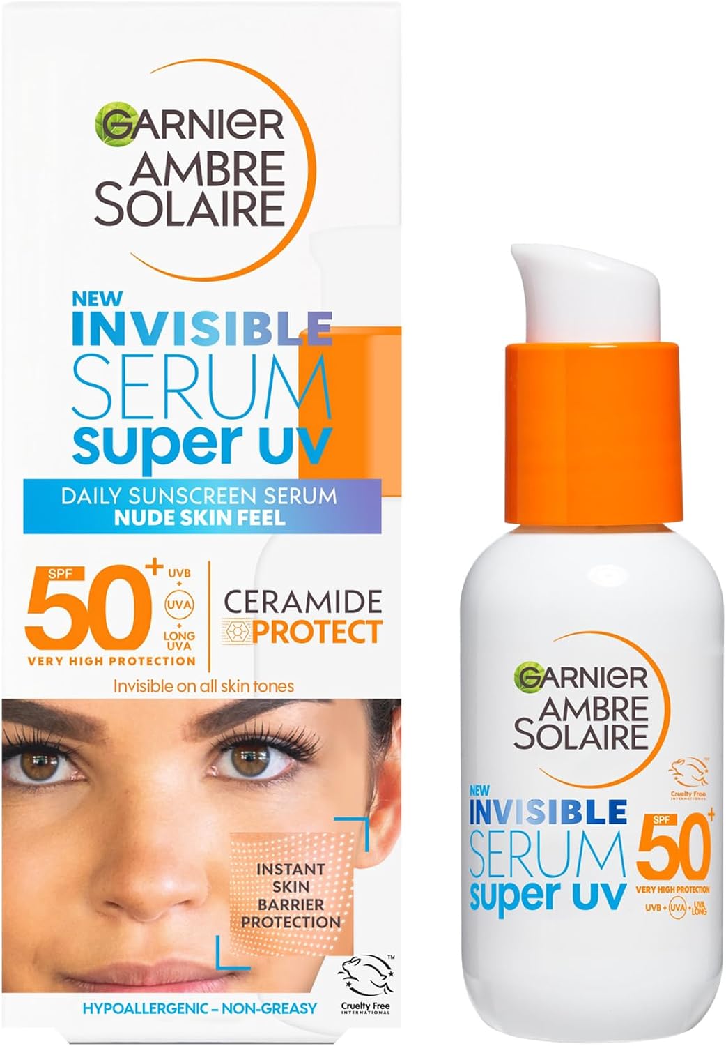 Garnier Sérum SPF 50+, protection UVA et UVB, pour tous types de peaux, avec Ceramid Protect, convient pour un usage quotidien, Ambre Solaire Invisible Super UV, 30 ml - Image 1