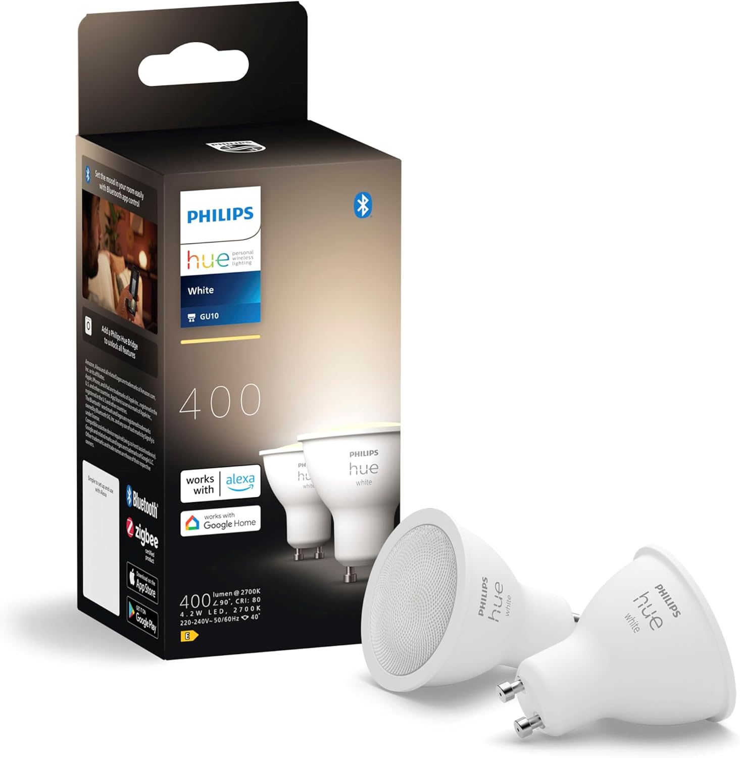 Philips Hue White GU10 Smart Bulbs, Soft White Light, Bluetooth Compatible, Voice Control with Alexa, Apple Home and Google Assistant, Pack of 2, White - Image 1