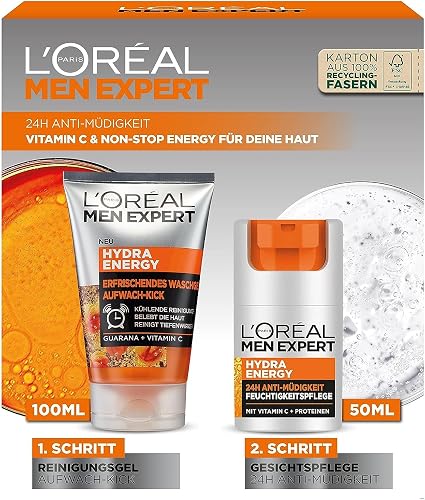 L'Oréal Men Expert Anti-Fatigue Care Kit for Men with Cleansing Gel and 24H Anti-Fatigue Cream for Men with Vitamin C, Hydra Energy, 1 x 100ml, 1 x 50ml - Image 1