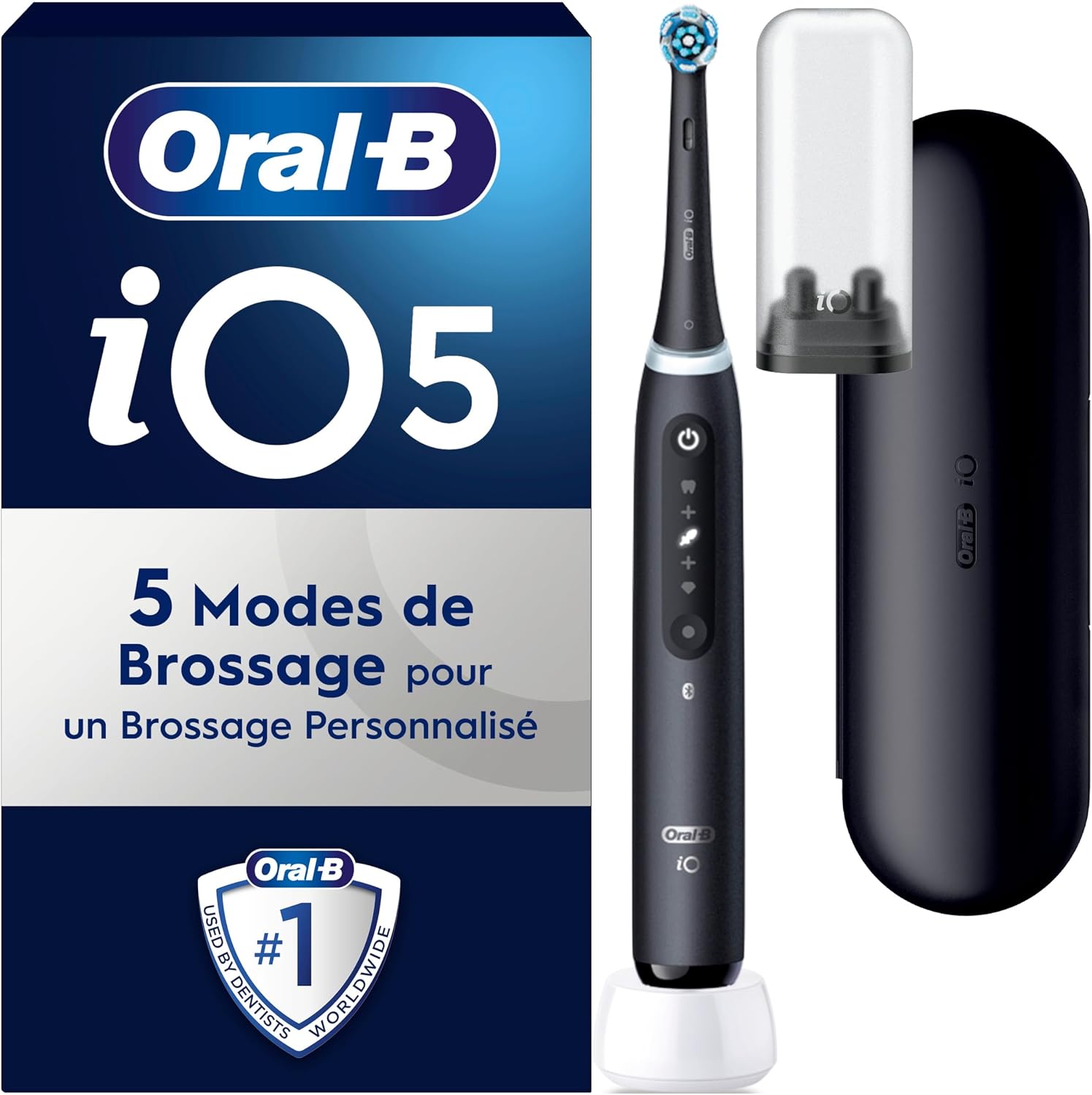 Oral-B Brosse A Dents Electrique iO 5 Noire, 5 Modes De Brossage Dont Blancheur, Capteur De Pression Sur Les Gencives, Brossettes De Rechange Oral B, Etui De Voyage - Image 1
