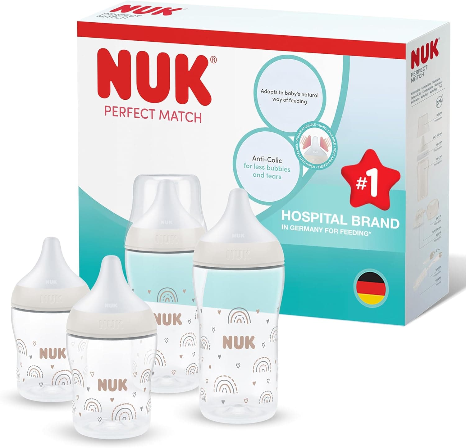 NUK Perfect Match Bottles | 0-6+ Months | 150ml & 260ml | Anti-Colic Bottle | PP | Temperature Control Indicator | Rainbow | Pack of 4