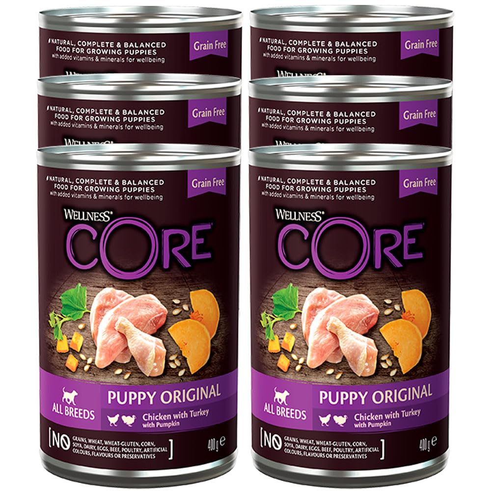 Wellness CORE 95% 6 x 400 g, Chicken/Turkey – Puppy Foot, Grain-Free, Natural, Hypoallergenic, High Protein, High Meat Content, - Image 1