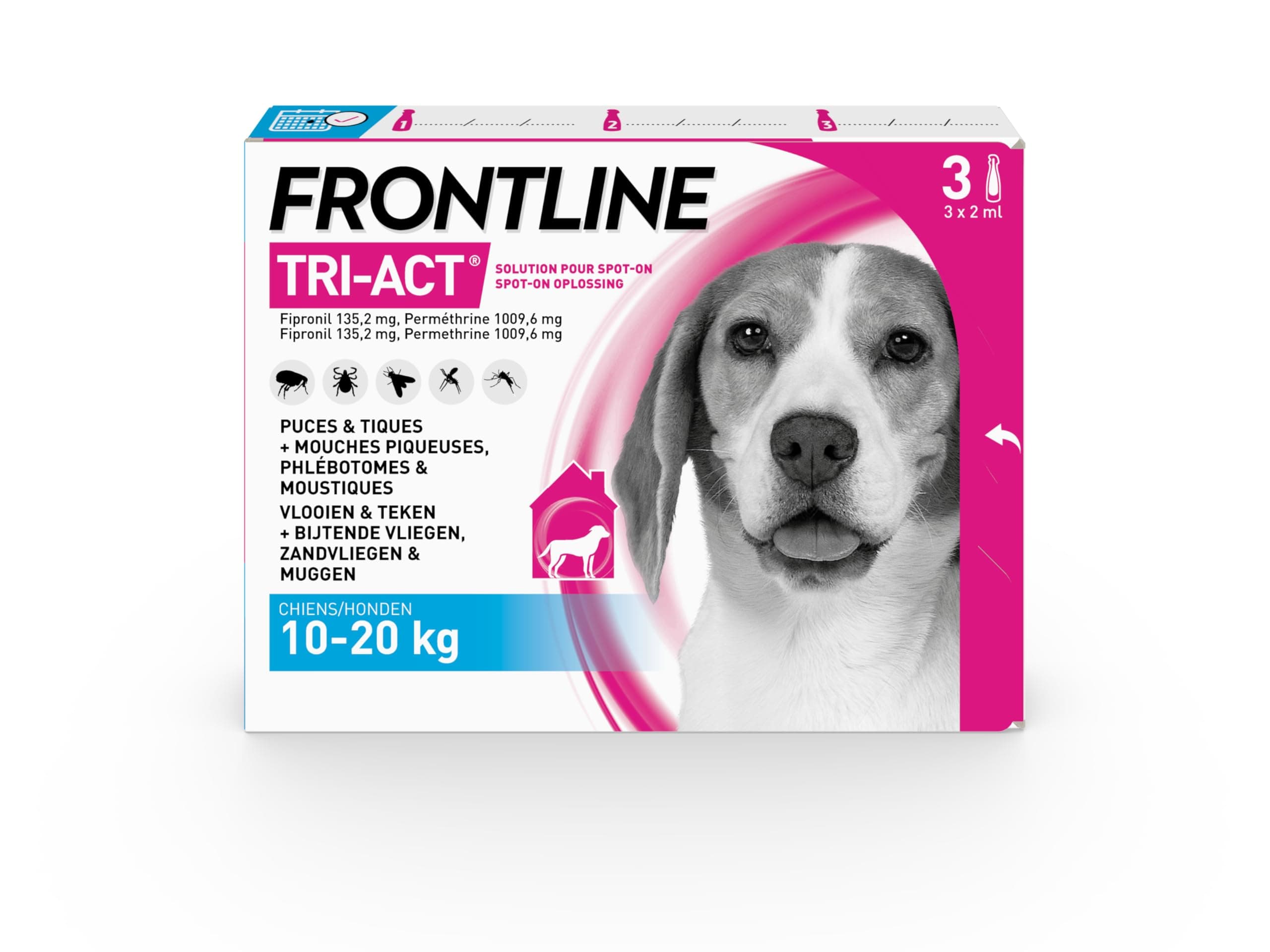 FRONTLINE Tri-Act Chien - Anti Puces, Tiques, Moustiques, Phlébotomes & Mouches piqueuses - Pour Chien Moyen 10 à 20 kg - Fabriqué En France - 3 Pipettes Spot-On