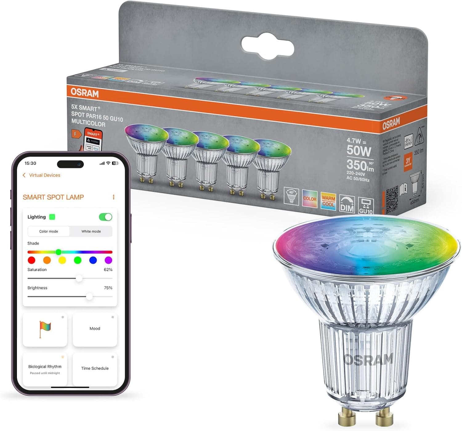Osram SMART+ Spot LED RGB PAR15 (lot de 5, GU10, 5W) – RGB + blanc chaud à froid – contrôle intelligent – Matter via Wi-Fi – Alexa, Google, Apple
