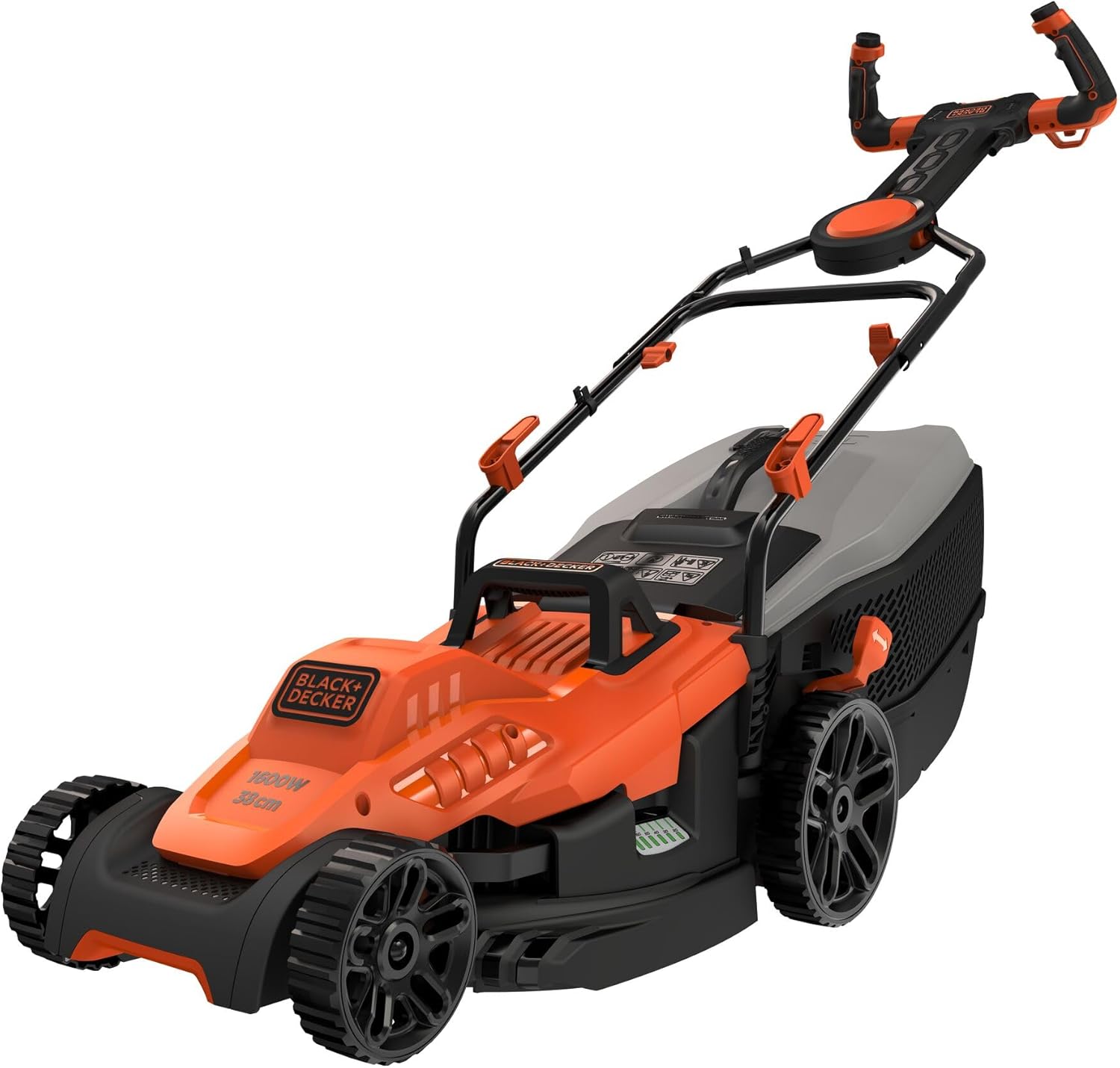 BLACK+DECKER Tondeuse Filaire 1600W, Tondeuse à Gazon Electrique 38 cm, 6 hauteurs réglables 20, 30, 40, 50, 60 et 70 mm, Tondeuse avec Poignée EASYSTEER 3 Positions, BEMW471ES-QS Orange - Image 1
