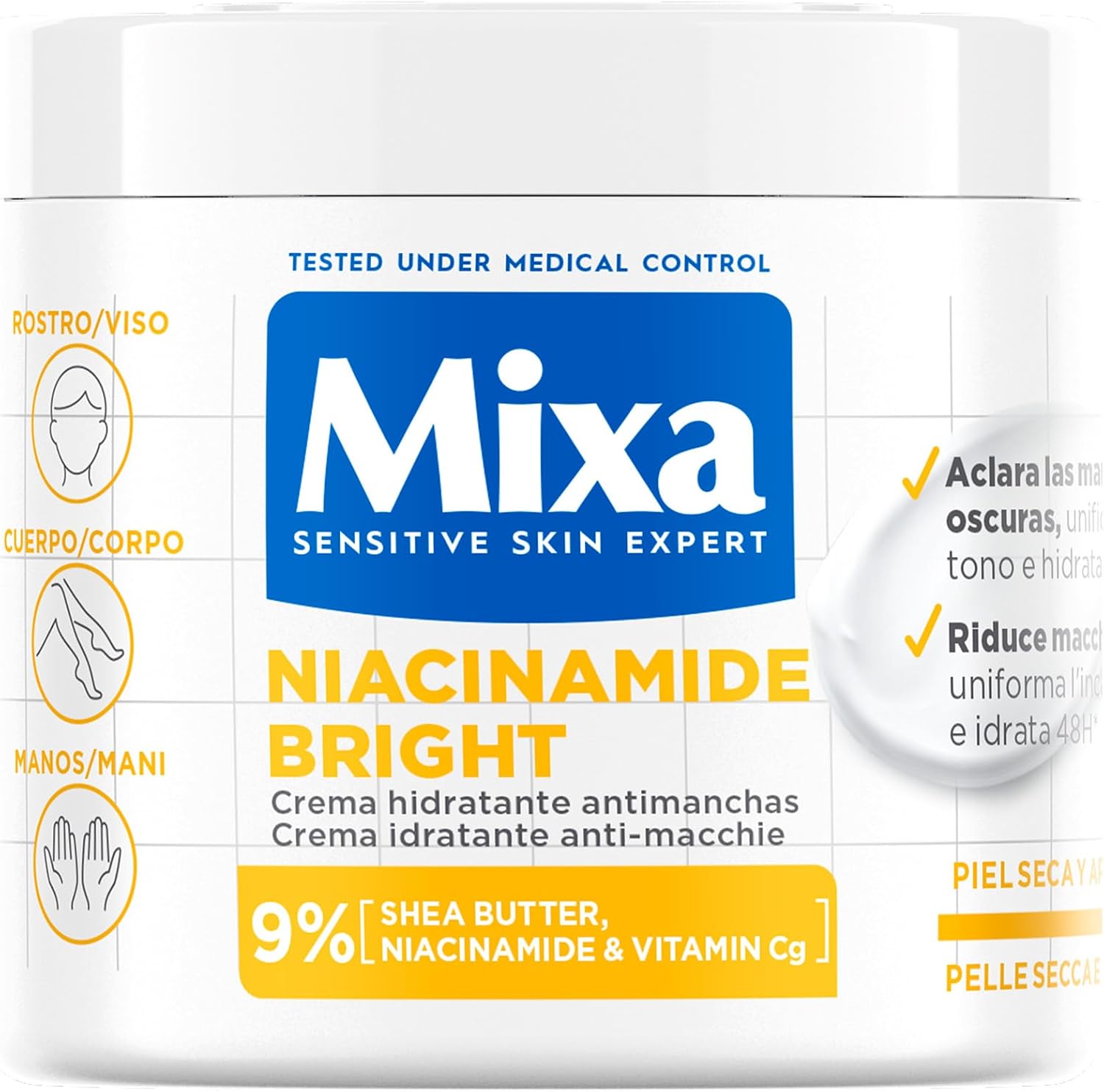 Mixa Crème Hydratante Anti-Taches, Pour Peau Sèche et Terne, Peau Hydratée pendant 48H, Teint Lumineux et Uniforme, Avec 9% de Niacinamide, Vitamine C et Beurre de Karité, Niacinamide Bright, 400 ml - Image 1
