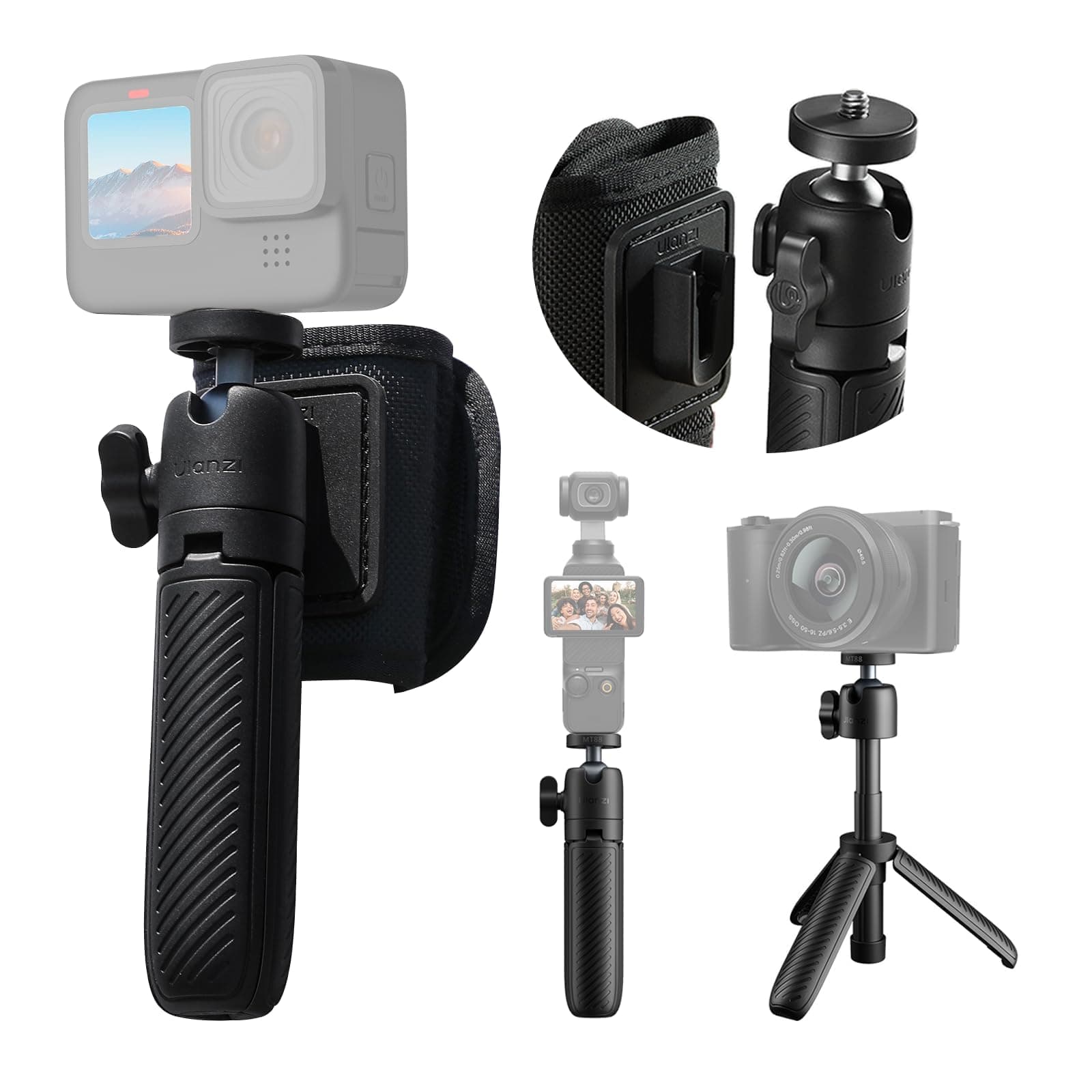 ULANZI MT88 Mini trépied, perche à selfie avec fermeture Velcro et adaptateur pour caméra d'action, trépied de table avec griffe froide, trépied pour DJI Pocket3, pour Insta 360 X5, et caméra d'action