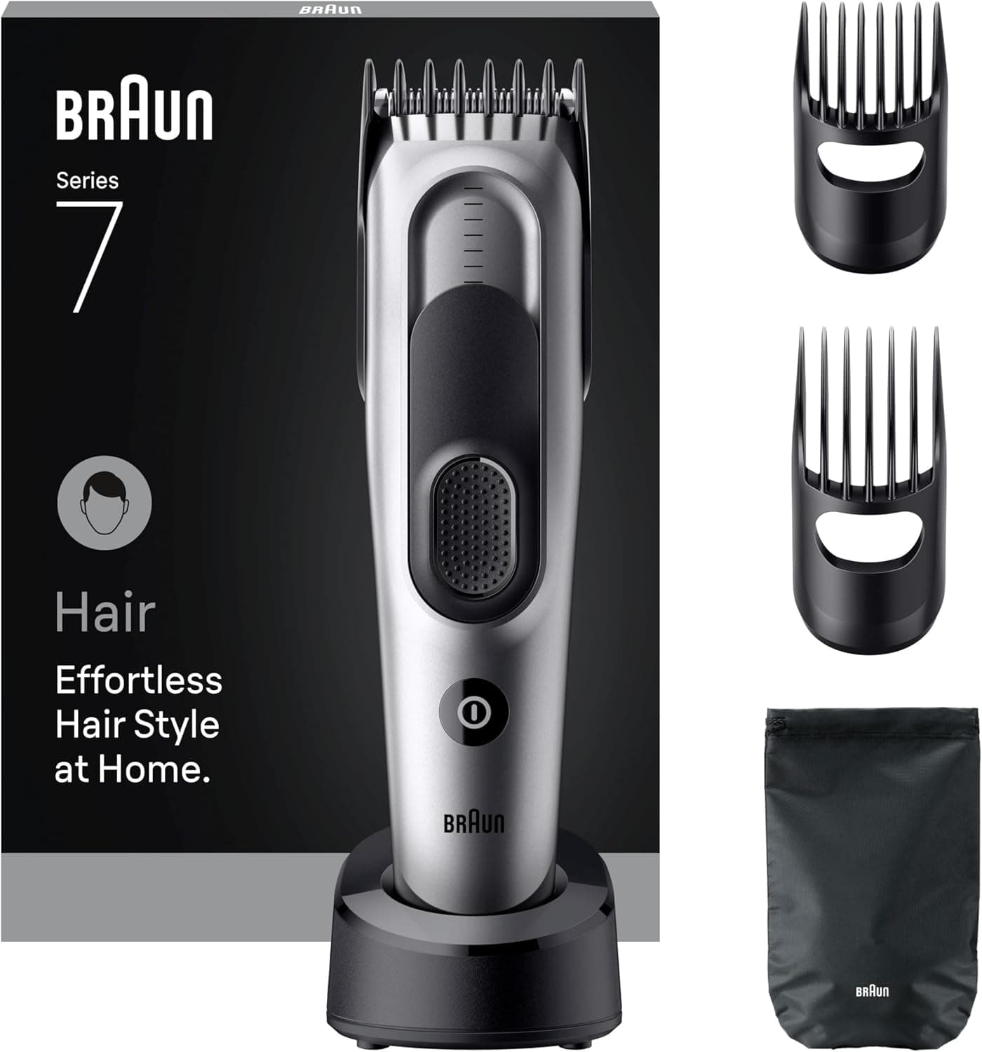 Braun Tondeuse à cheveux professionnelle série 7, pour homme, 5 outils de coiffage, 17 longueurs, lame tranchante à vie, autonomie de 50 minutes, sans fil, lavable, HC7590 – Gris