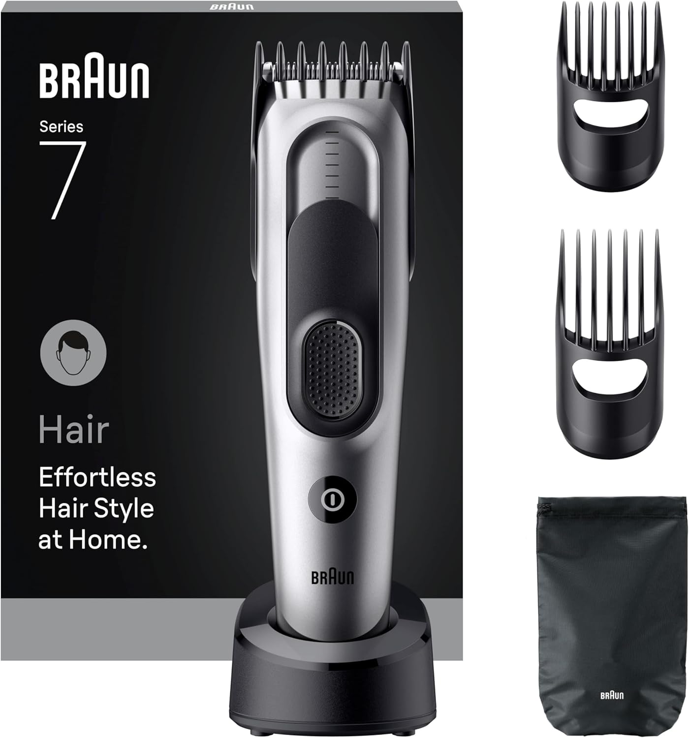 Braun Tondeuse à cheveux professionnelle série 7, pour homme, 5 outils de coiffage, 17 longueurs, lame tranchante à vie, autonomie de 50 minutes, sans fil, lavable, HC7590 – Gris - Image 1