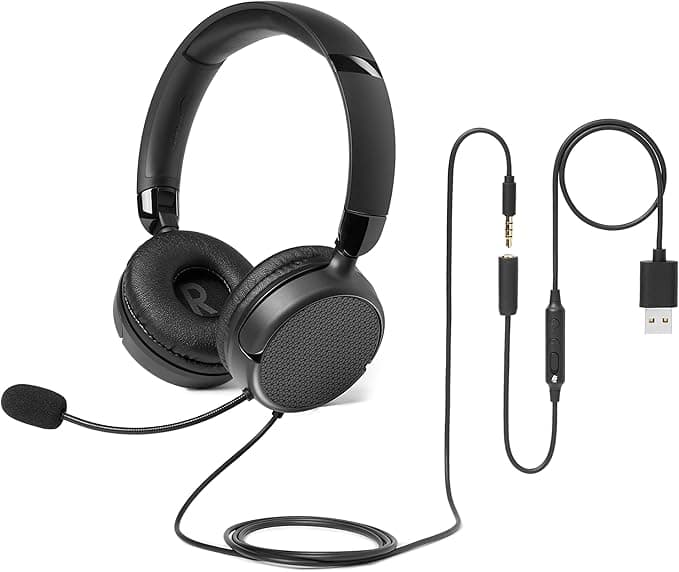 Amazon Basics Supra-Ear Wired Computer Headset with Adjustable Microphone, 3.5mm Port or Built-in Control with USB-A Port, Foldable, Size S/M, Black