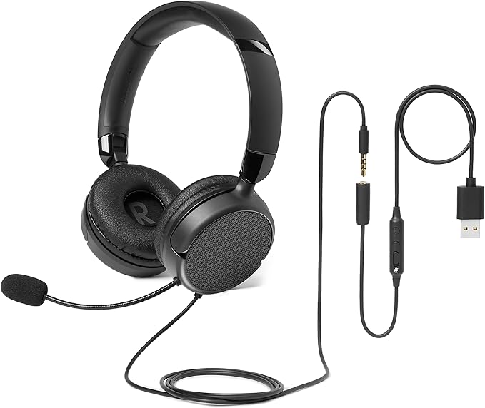 Amazon Basics Supra-Ear Wired Computer Headset with Adjustable Microphone, 3.5mm Port or Built-in Control with USB-A Port, Foldable, Size S/M, Black - Image 1