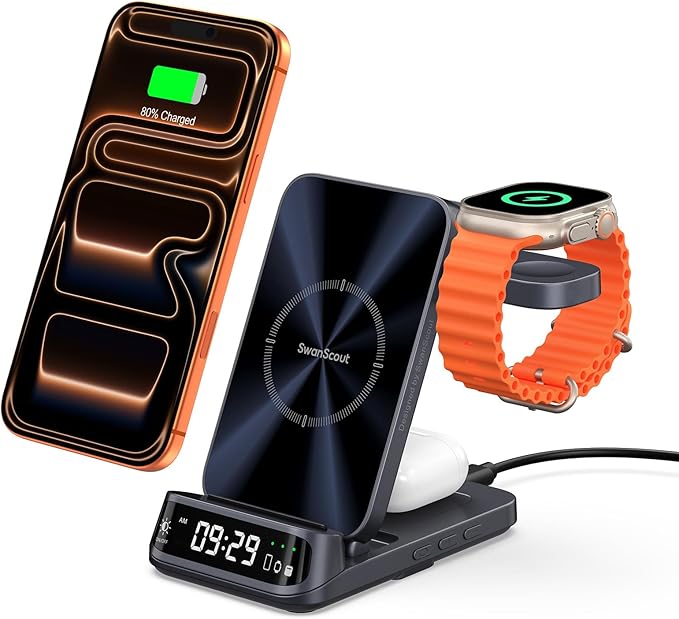 SwanScout Induction Charger for iPhone, 3 in 1 Charging Station for iPhone 17/Air/16/15/14/13, Wireless Charger for Apple Watch Ultra 3/11/10/9/8, for AirPods, SwanScout 708A (without Adapter) - Image 1