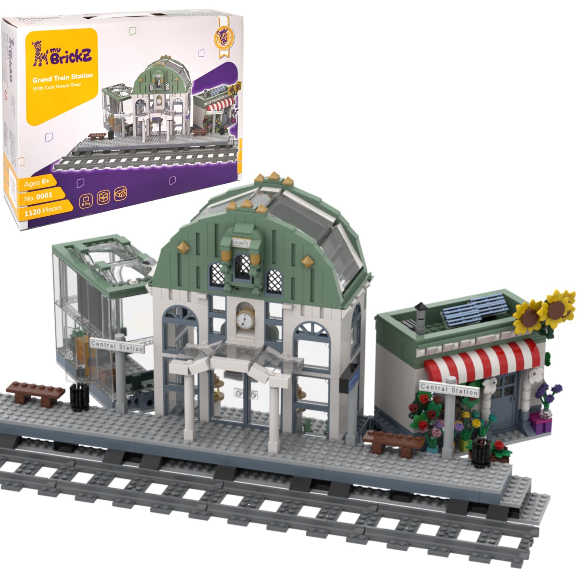 myBrickZ 0001 Large Train Station with Flower Shop, 1.120 Building Block, Gift for Boys and Girls, Compatible with Lego, MOC House for Train and City, City Building Set Bricks - Image 1