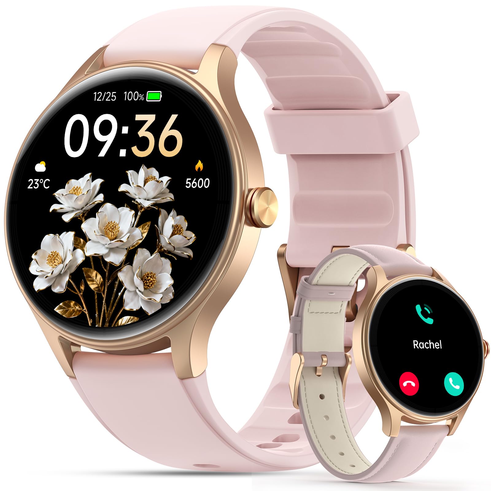 Unisex Round Smartwatch (2 Bracelets), 1.27 Inch HD 40 mm Smartwatch for iOS, Samsung, Android, Sports Watch with Bluetooth Call, Health and Sleep Tracking, 120 Sports Modes, IP68 Waterproof - Image 1