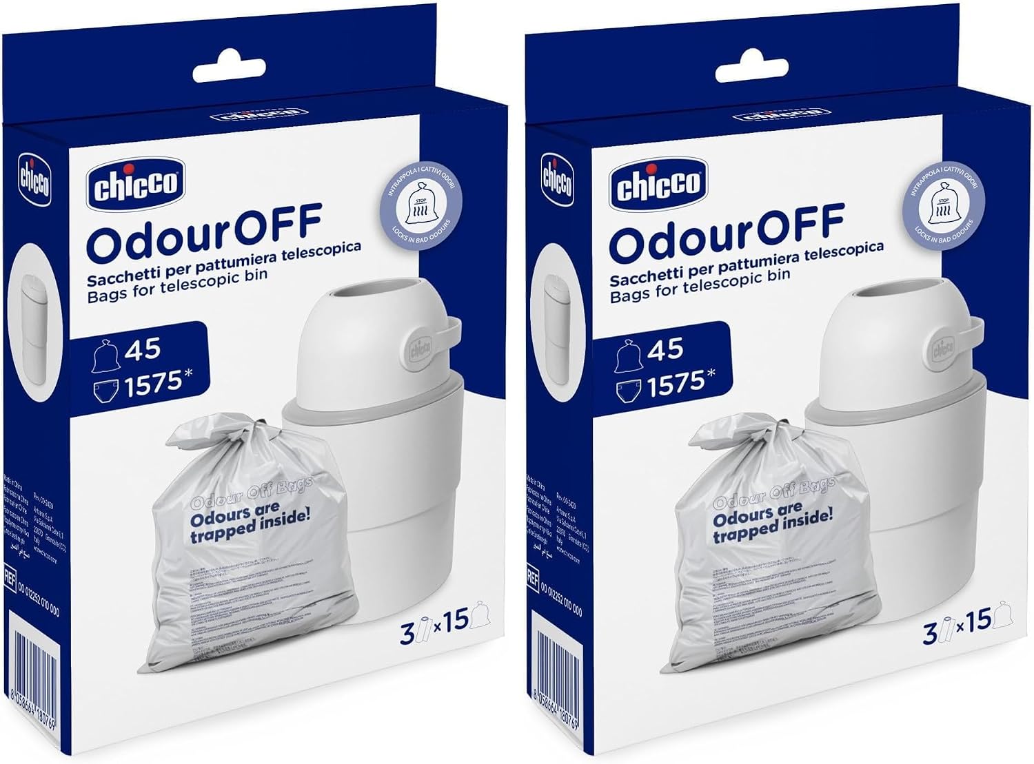 Chicco Odour Proof Bags, Odour Proof Nappy Bin Bags, Telescopic Bin, Sturdy Material Three Layers, Retains Bad Odours, 45 Bags, 15x3 (Pack of 2) - Image 1