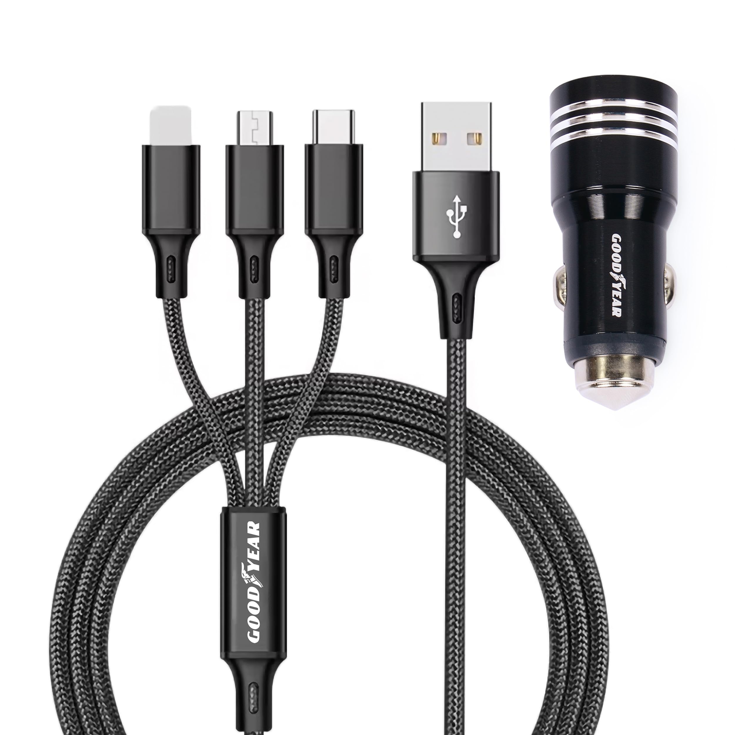 Goodyear 3 in 1 Lightning/Micro USB/USB-C Dual USB Cigarette Lighter Socket Charger 120cm Cable for Car - Image 1