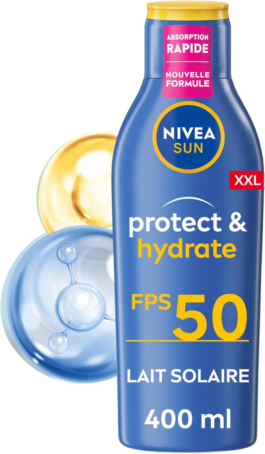 NIVEA SUN Lait Solaire Protect & Hydrate SPF 50+ 400 ml - Crème Solaire résistante à l'eau - Protège et Hydrate - Format XXL - Haute Protection Visage et Corps - Image 1