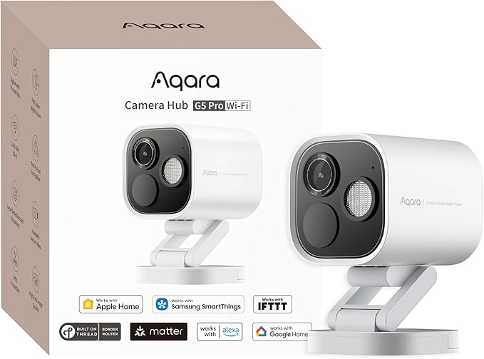 Aqara 4MP G5 Pro WiFi Hub Camera, HomeKit Secure Video, 2.4/5 GHz, Router Edge Thread, Outdoor Camera, Colour Night Vision, AI Detection, Thread/Zigbee, Compatible with Alexa, Google, White - Image 1