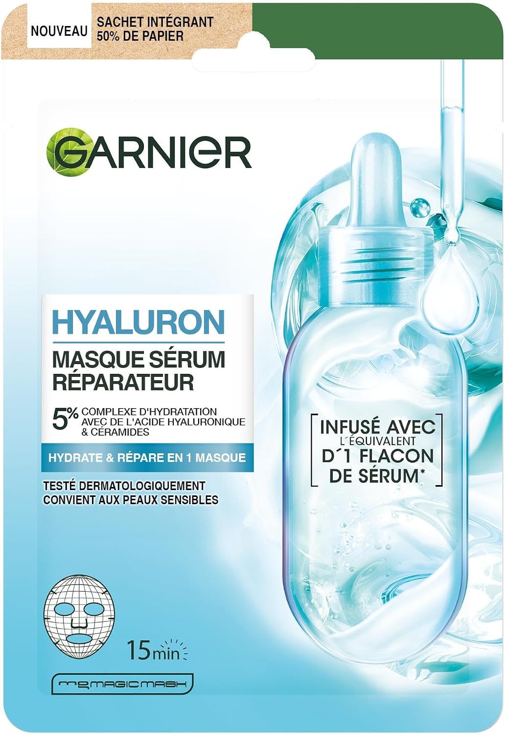 GARNIER Skin Active - Masque Tissu Booster d'Hydratation - Hydrate La Peau En 15 min - Acide Hyaluronique, Glycérine, Aloe Vera - Vegan & Cruelty Free - Tissu Compostable - Peaux Sèches & Sensibles - Image 1