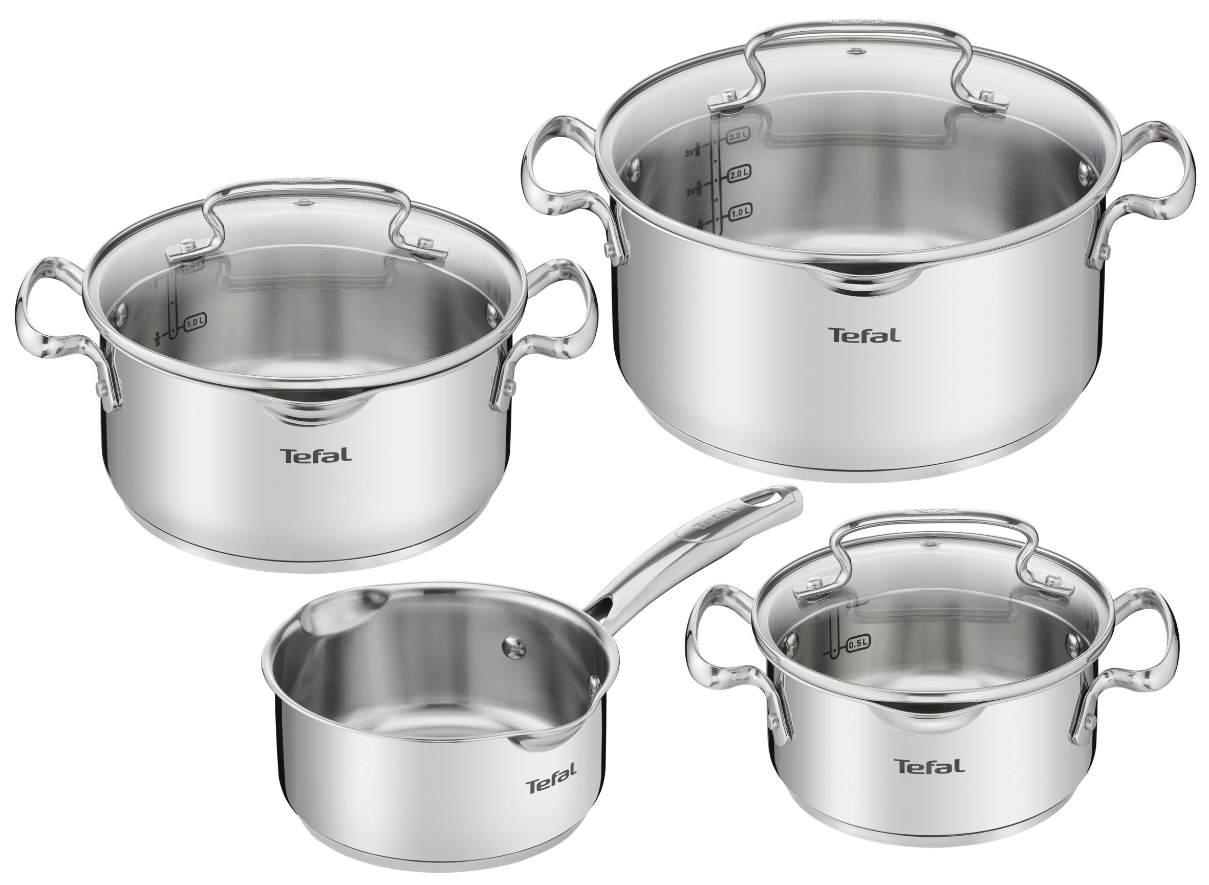 Tefal Duetto 7 Piece Set - 3 Saucepans 16/20/24 cm, 1 Saucepan 16 cm, 3 Stainless Steel Lids, 3 Glass Lids, Measurement Marks, All Kinds of Kitchens, Oven and Oven Safe - Image 1