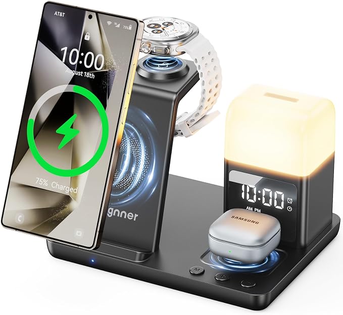 Upgraded 6-in-1 Inductive Charging Station for Samsung with Alarm Clock & Light | 15W Fast Wireless Charging Stand for Galaxy S25/S24/Z Fold6/Flip/Note, Watch Ultra/6/5 Pro, Galaxy Buds - Image 1