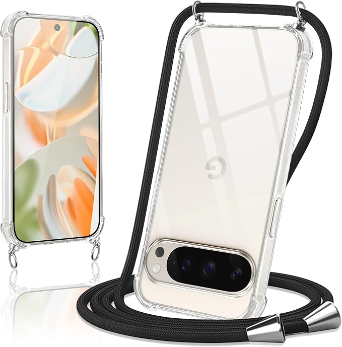 Case for Google Pixel 9/9 Pro with Lanyard, Transparent Silicone Anti-Yellowing Adjustable Collar Case, Phone Case Shockproof Portable Lanyard Cover for Google 9/9 Pro - Black - Image 1
