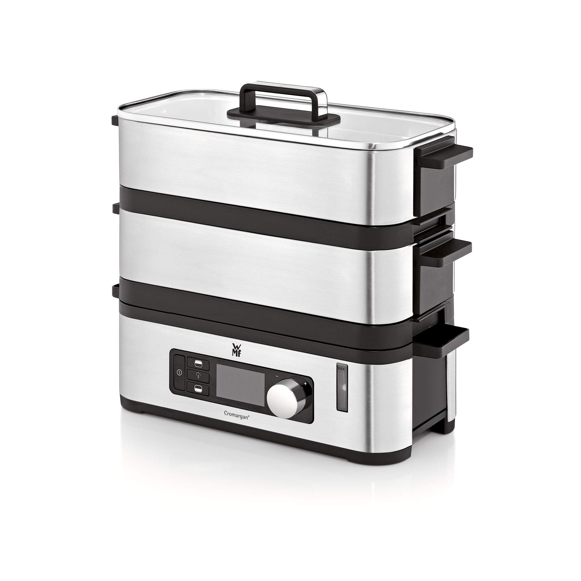 WMF KITCHENminis 0415090011 Ultra-Compact Electric Steamer with Elegant Design Cromargan Stainless Steel 2.15 L BPA Free 2 Compartments Cooking Programmes Cooking Vegetables Rice Fish 900 W - Image 1