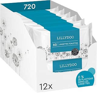 Lingettes toilettes LILLYDOO, 720 pièces (12 x 60), jetables dans les WC, tissu 100% sans plastique et sans parfum - Image 1