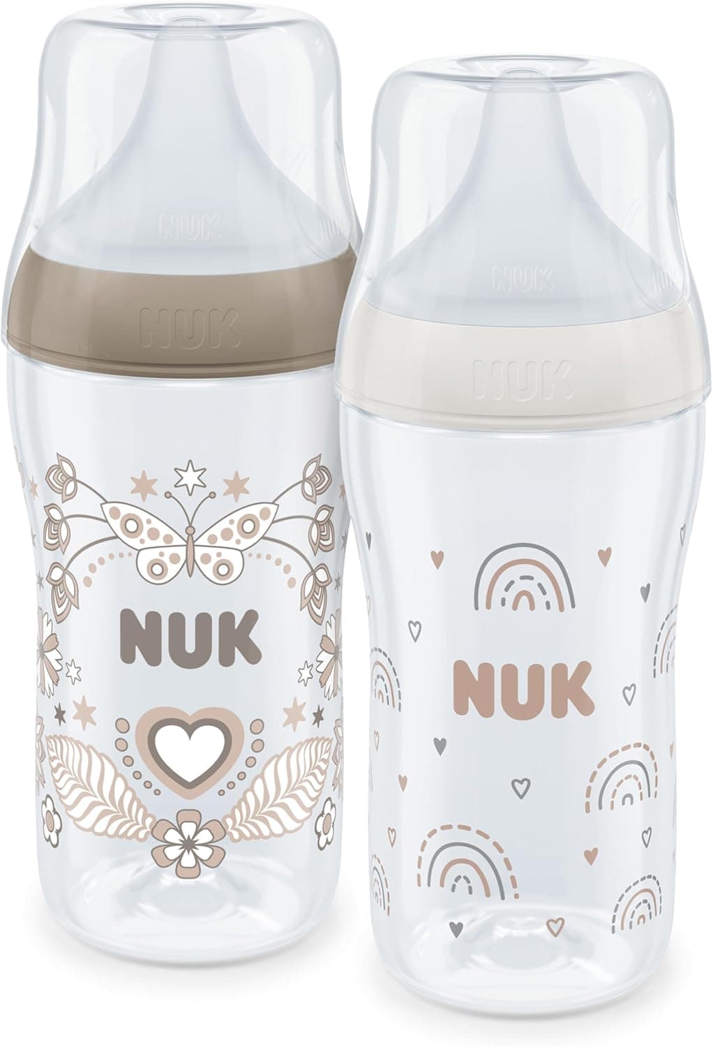 Nuk Perfect Match Baby Bottle Set, 3+ Months, Palate Friendly, Temperature Control, Anti-Colic Vent, 260 ml, BPA Free, Silicone M Teat, Rainbow & Heart, 2 Pieces