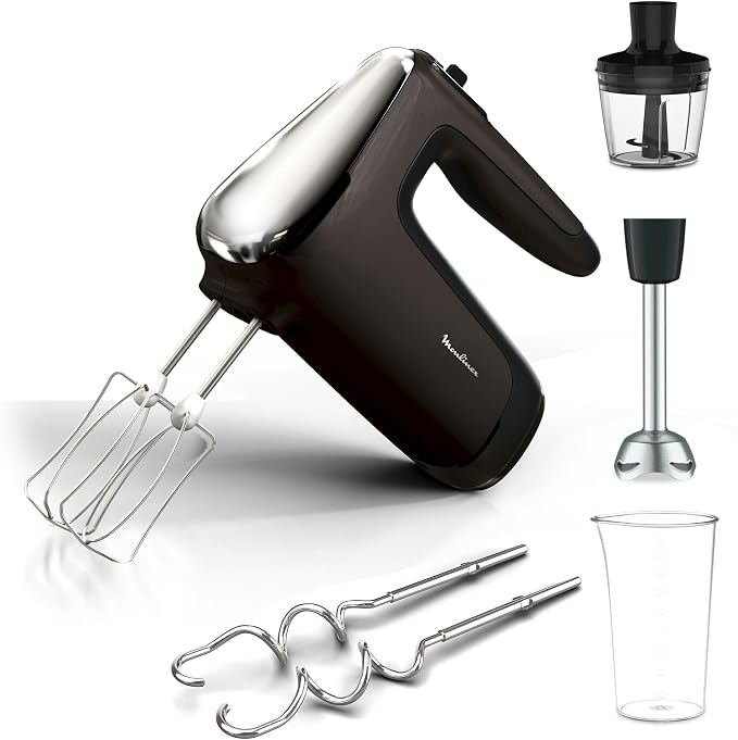 Moulinex Powermix Silence Hand Mixer, 600 W, Variable Speed, Turbo, 2 Whisks, 2 Dough Hooks, Stainless Steel Mixer Stand, HM653910 Mini Chopper, Silver - Image 1