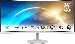 MSI Pro MP341CQW UWQHD Curved Office Monitor 34 Inches – VA Panel 1500R, 3440x1440, 100Hz, Eye Comfort, 3000:1 Contrast, 21:9, Built-in Speakers, DP 1.2a, HDMI 2.0b – White - Image 1