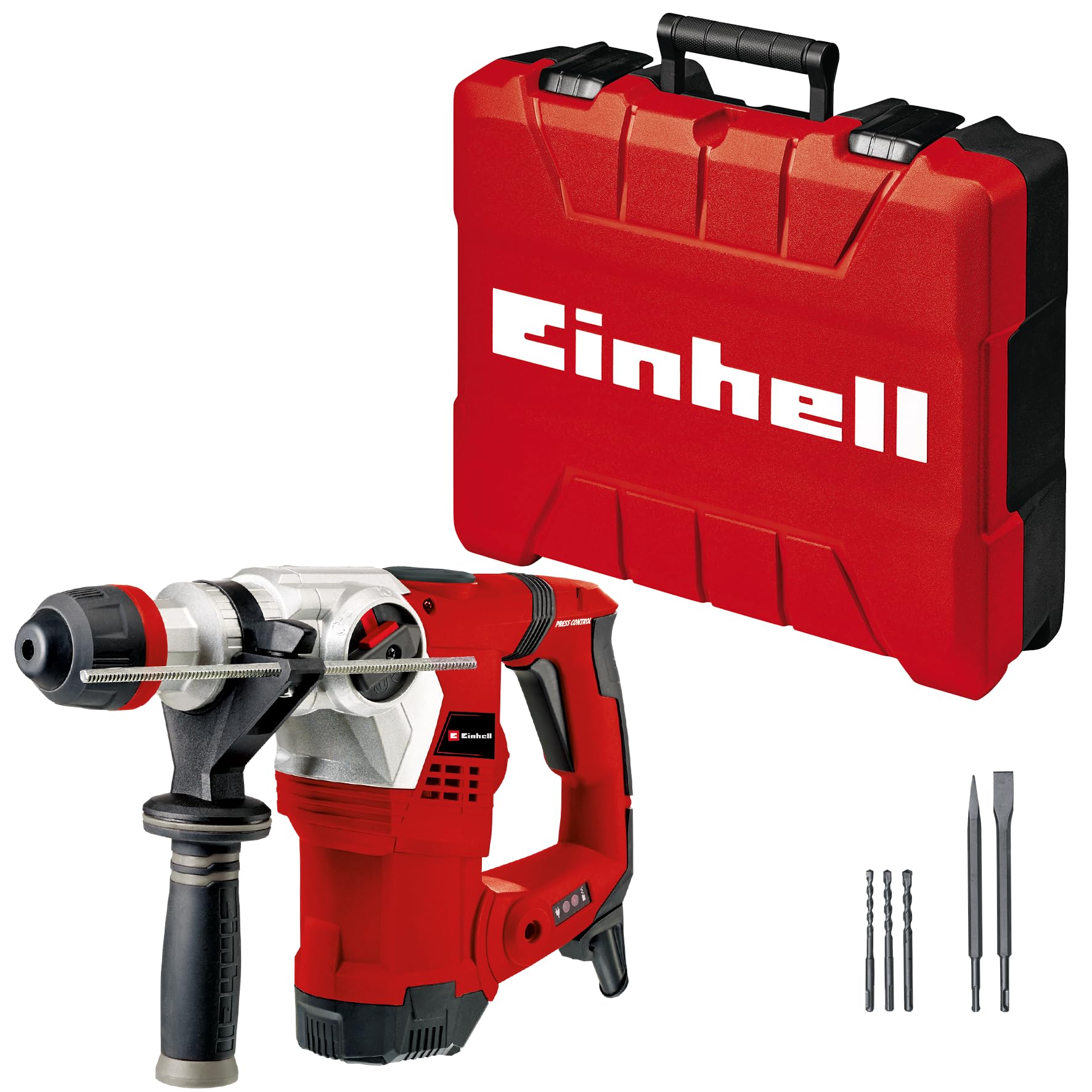 Einhell TE-RH 32 4F Hammer Drill Kit (1250 W, 5.0 Joules, Concrete Drilling Power, SDS-Plus, Anti-Vibration Handle, with Electronic Box, 3 Drills, Sharp Chisels), Red - Image 1