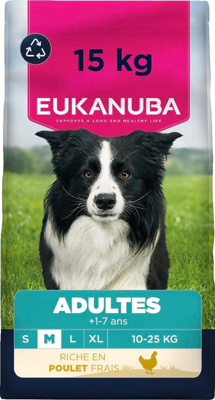 EUKANUBA Life Care Croquettes Chien Adulte Moyenne Race 1 à 7 Ans, Riche en Poulet Frais, Maintient d’Un Poids Optimal, L-Carnitine, Oméga 3&6, FOS, sans colorants, arômes artificiels ni OGM – 15 kg