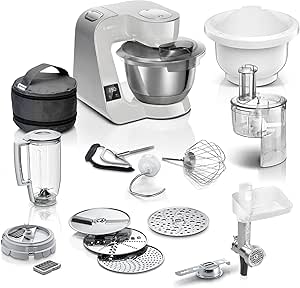Bosch MUM5XL72 Series 4 Food Processor, Built-in Scale, 2 x 3.9L Bowls, 1.25L Mixer, Mixing Kit, Meat Grinder, Meat Grinder, Cube, 1000W, Grey/Silver - Image 1