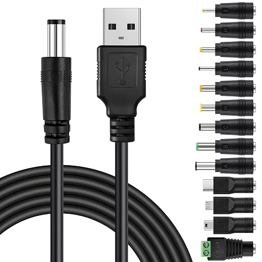 USB to DC Cable 13 in 1 Universal Power Cable USB Adapter with 13 Plugs for Router, Shaver, TV Box, LED Strips, Philips Hue Hub etc - Image 1