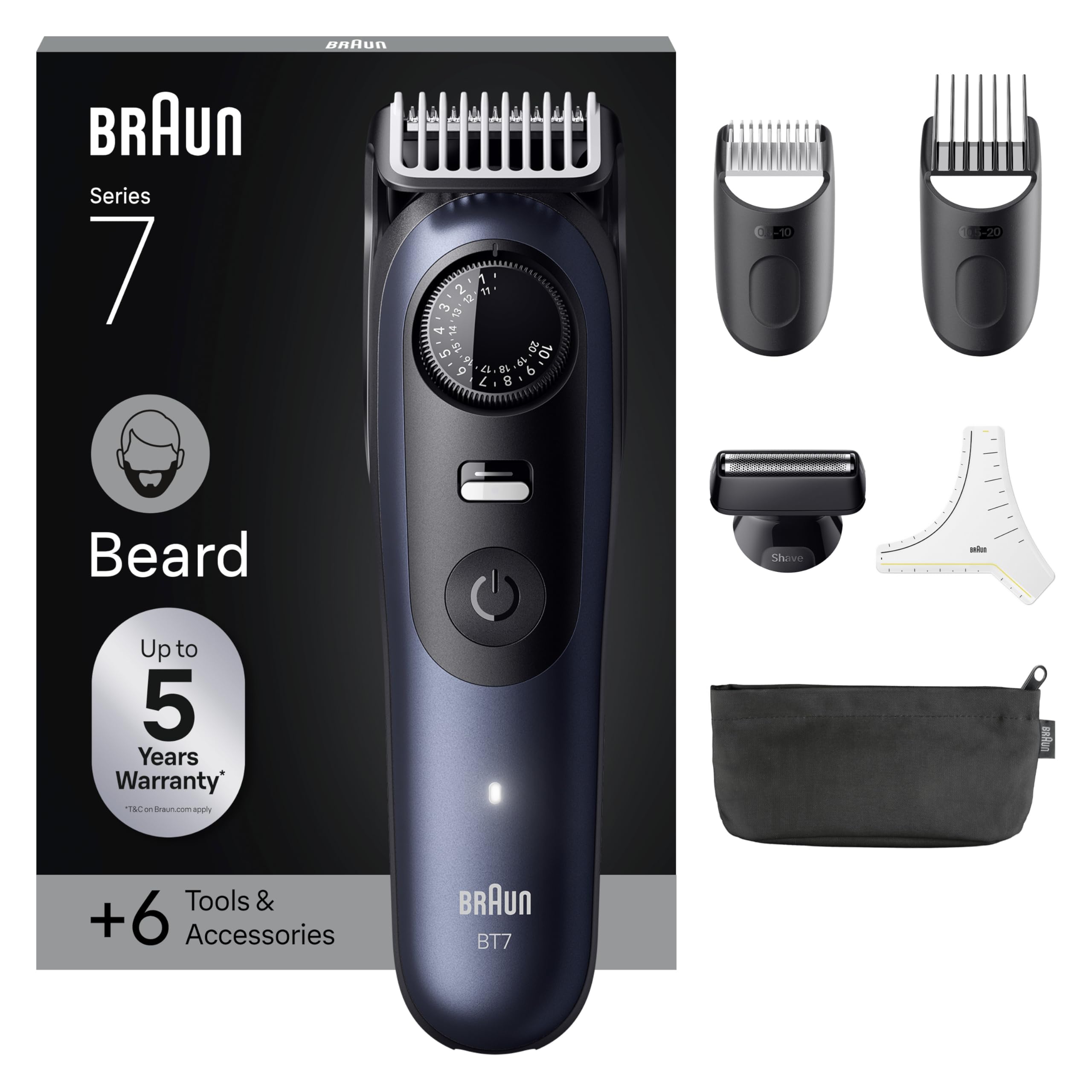 Braun Men's Beard Trimmer Series 7, BT7520, Blue, + 6 Barber Tools, 40 Lengths, Wear-resistant Blade for Professional Shaving, Cordless Electric Trimmer Kit, 2 Comb and Beard Stencil - Image 1