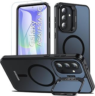 OWKEY Coque pour Samsung A56/A36 5G avec Béquille Intégrée,Compatible avec MagSafe,Housse Militaire avec Protection Écran,Magnétique Coque A56/A36,Résistant Rayures, Translucide Noir - Image 1