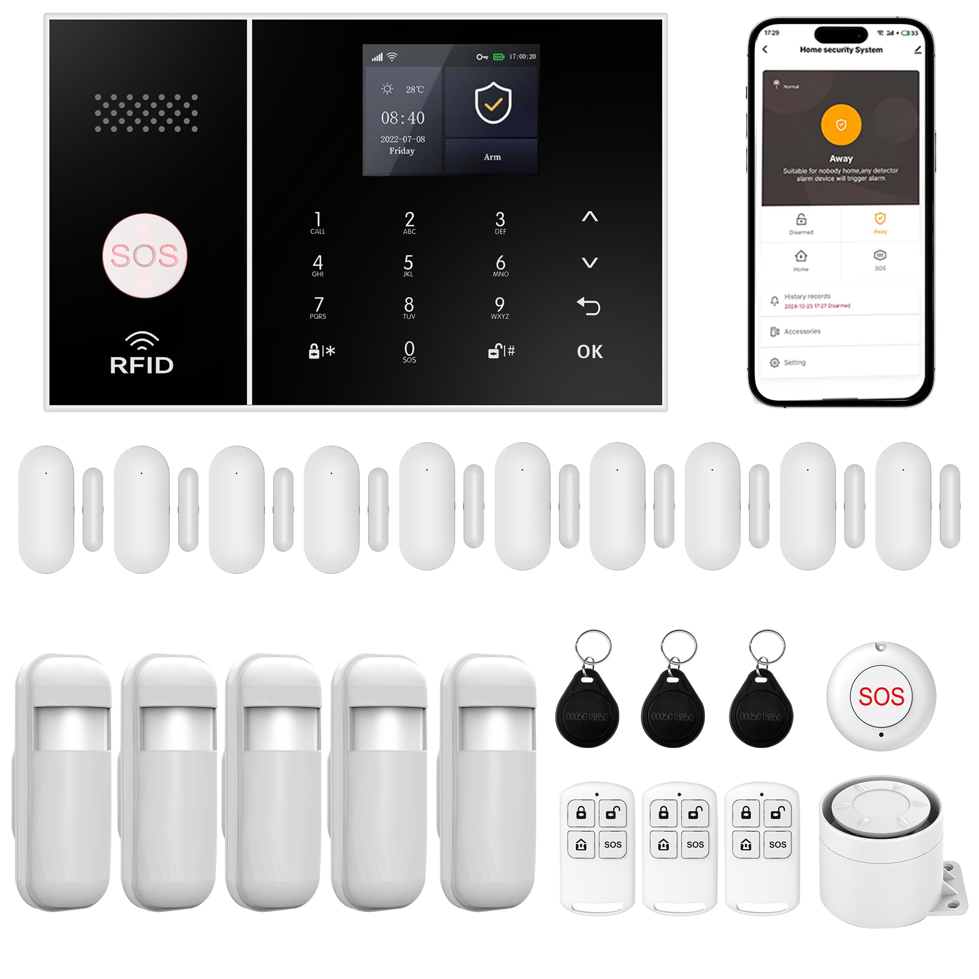 XUK Wireless Alarm System 4G/WiFi, Smart Security Alarm with Door/Window Sensors, Compatible with Alexa/Google Home, 24 Alarm with Siren, 10 Window and Door Sensors, 3 Remote Control - Image 1