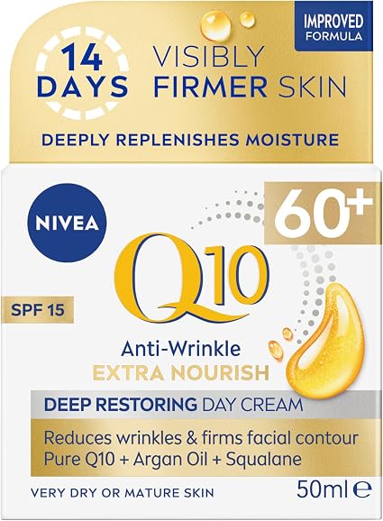 NIVEA Q10 Anti-Wrinkle Day Cream 60+ Extra Nourishing SPF 15 (50ml), Moisturizing Day Cream to Reduce Wrinkles and Fine Lines, Nourishing Care for Mature Skin - Image 1