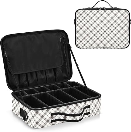 junzan Grand sac de rangement de maquillage avec séparateurs et sangle réglable - Gris pierre vichy, Vichy gris pierre, 14.6 x 10.6 x 4.7 inches, Coloré - Image 1