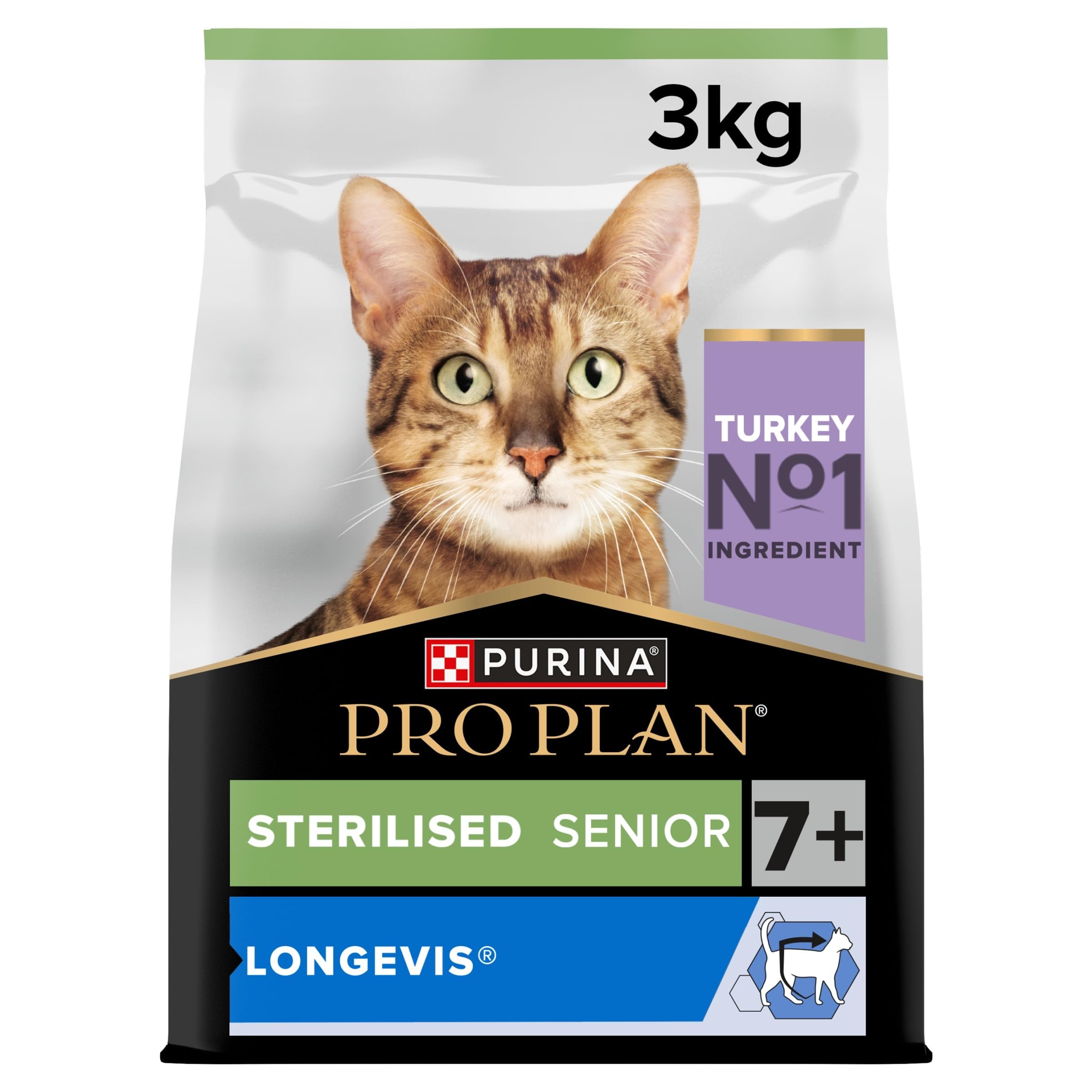 PURINA PRO PLAN | LONGEVIS | Sterilised 7+ | Complete Food | Sterilized Senior Cat 7+ Years Old | For a Longer Healthy Life | Turkey | Dry Food | Bag | 3 kg - Image 1